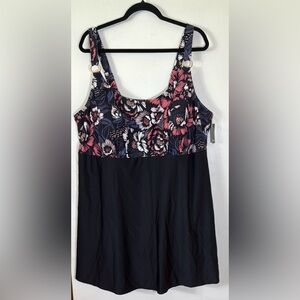 Avenue Floral Black One-Piece Empire Waist Swim Dress SKU0238